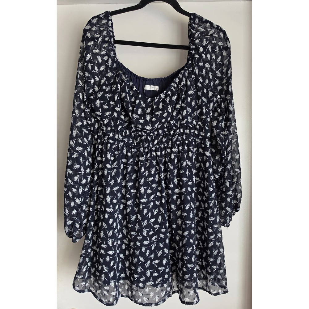 Lush Floral Mini Dress Navy White Long Sleeve Scoop Neck Boho Coquette